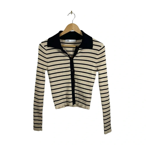 NWOT Zara Collared Ribbed Striped Button Sweater in Ivory/Black Size M - Picture 3 of 10